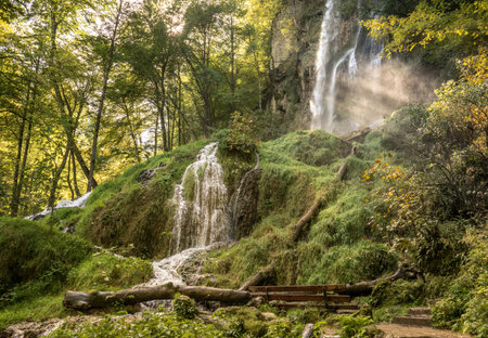 The Urach waterfall Bad Urach in the Swabian near Alps, Germany.の写真素材