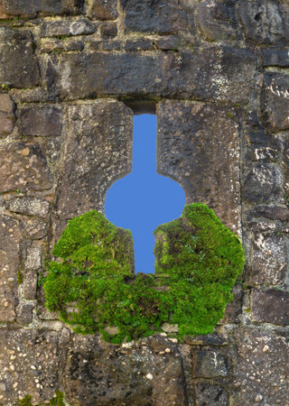 Interesting window in a castle wall, in the lower part overgrown with mossのeditorial素材