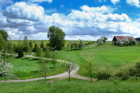 Rural landscape with a turn in the path between green fields, meadows and blossoming fruit trees, taken in the spring month of May in Germany.のeditorial素材