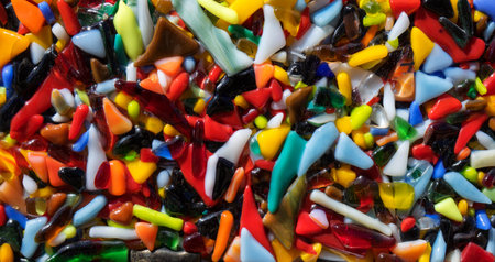 Abstract pattern of many small colorful plastic pieces, that were melted into each otherの写真素材