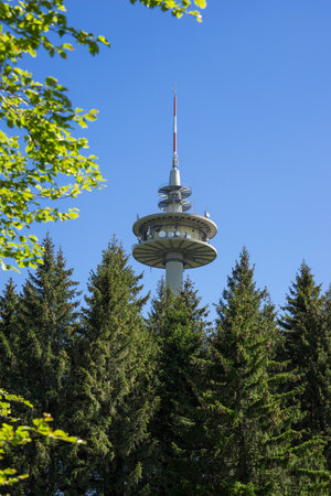 The top of the tower protrudes beyond Plettenberg high spruces taken in closeup. It is a telecommunication tower of the series type tower FMT 13 on the Swabian Alps Plettenberg Germany.のeditorial素材