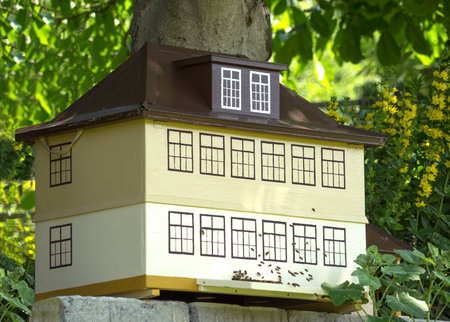 Bees swarming on a bee house, Which was Individually crafted in the shape of a house.の写真素材