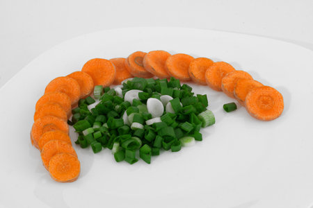 Serrate stone leek and carrot on white plateの写真素材