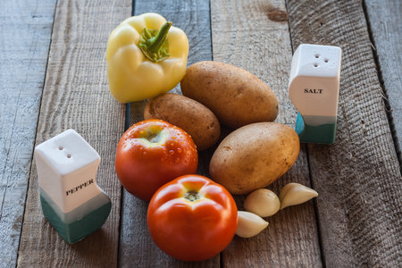 Close-up of fresh vegetables on a wooden tableの写真素材
