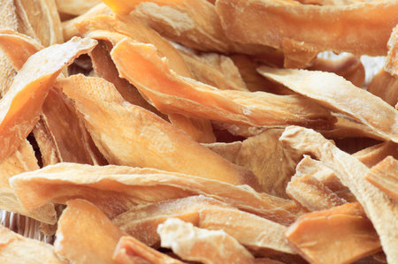 Closeup of dried sliced mango. Ecological food. Viewpoint from above.の写真素材