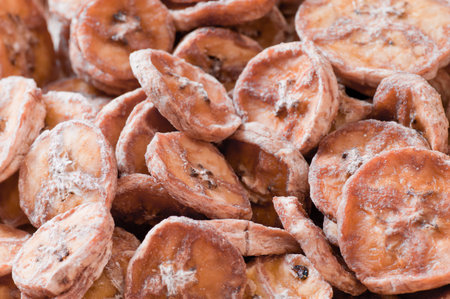 Closeup of dried sliced banana. Ecological food. Viewpoint from above.の写真素材
