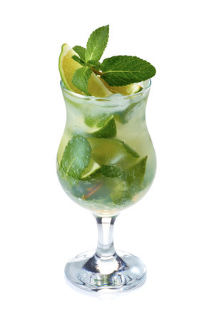 Mojito coctail with lime and mint in glass with waterdrops isolated on white background.の写真素材