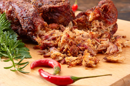 Pulled pork on wooden boardの写真素材