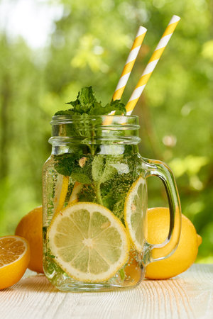 Fresh lemon and mint drinkの写真素材