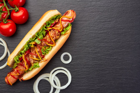 Juicy hot dog and ingredients on dark slateの写真素材