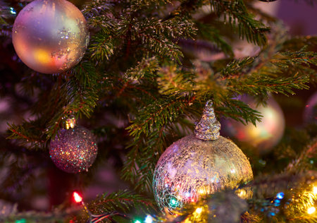 Christmas tree decoration close-up with selective focusの写真素材