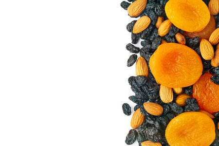 Dried fruits on white background. Vertical copy spaceの写真素材