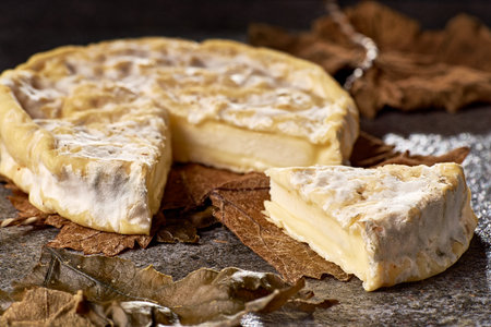 Banon cheese unwrapped from grape leavesの写真素材
