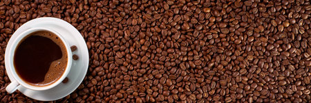 Cup of coffee on coffee beans background