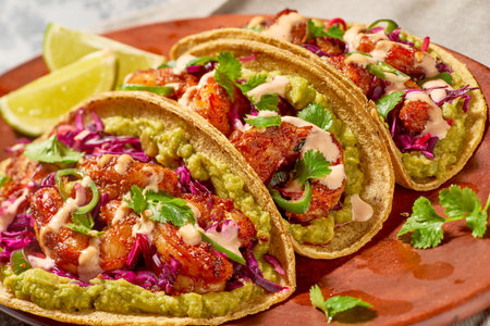 Spicy Shrimp Tacos with Coleslaw and Guacamoleの写真素材
