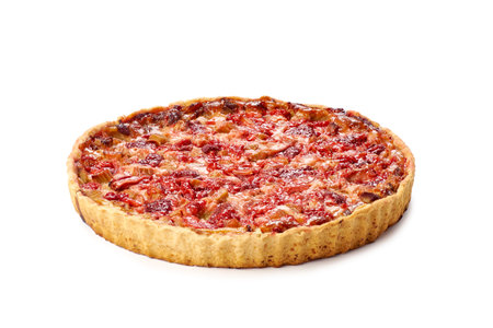 This is a delicious and enticing tart that is beautifully topped with glazed rhubarb and strawberriesの写真素材