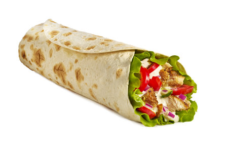 A delightful and fresh Chicken Wrap filled with vibrant vegetables and drizzled with sauceの写真素材