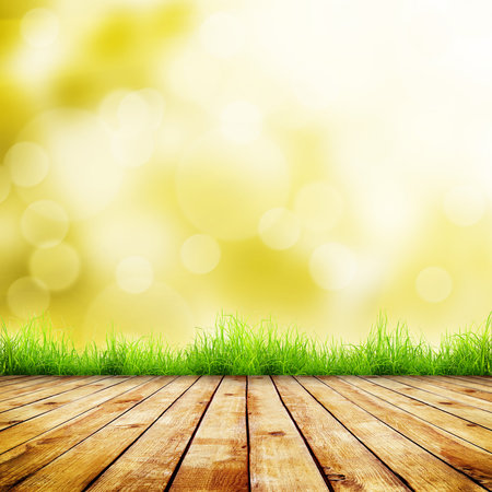 Fresh autumn green grass with green bokeh and sunlight and wood floor. Beauty natural backgroundの写真素材