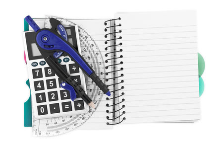 Workbook page, pencil, rules and calculator on whiteの写真素材