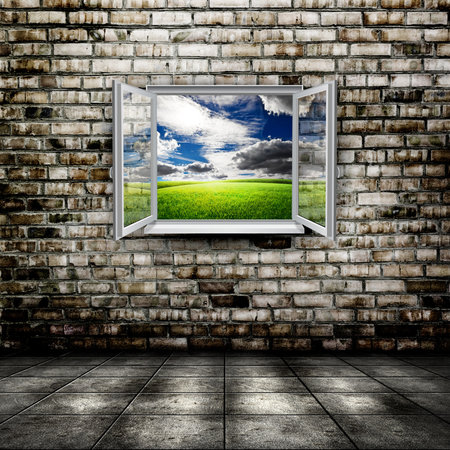 Open window from old room with landscape on a backgroundの写真素材