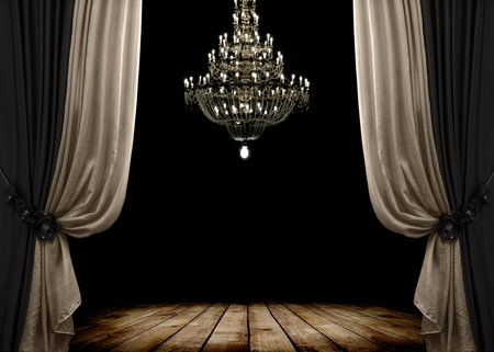 Image of grunge dark room interior with wood floor and chandelier. Backgroundの写真素材