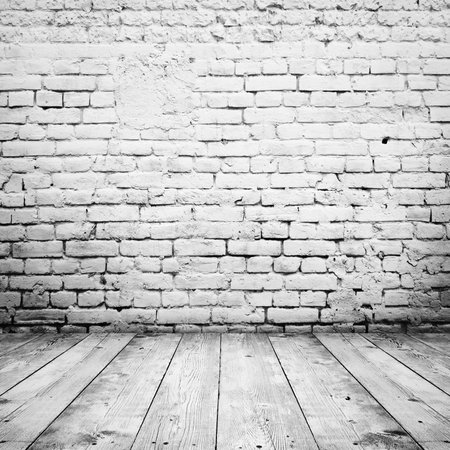 room interior vintage with white brick wall and wood floor backgroundの写真素材