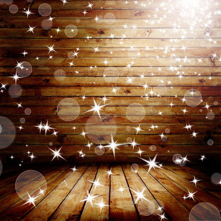 Room  The brown wood texture with natural patterns and flying stars  Christmas concept backgroundの写真素材