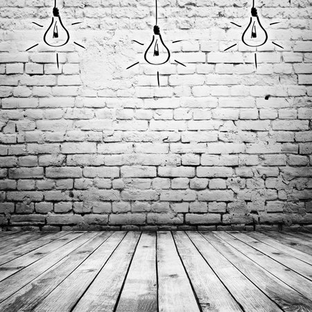 room interior vintage with white brick wall and wood floor backgroundの写真素材