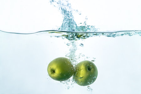 Green apple falling into water. の写真素材