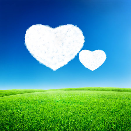 Green field under blue sky with heart shape on it. Love conceptの写真素材