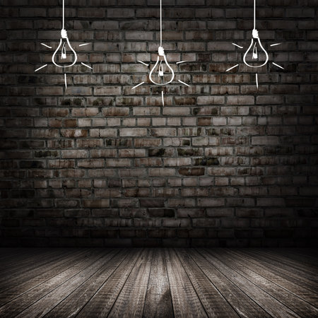 Dark room interior vintage with wall and wood floor , and hand draw lightbulbsの写真素材