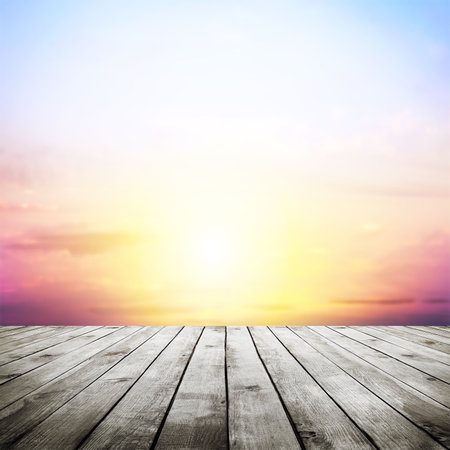 blue sky with clouds and wood planks floor backgroundの写真素材