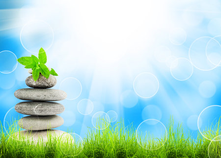 Green grass and stack of stones natural background with selective focusの写真素材