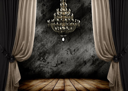 Image of grunge dark room interior with wood floor and chandelier  Backgroundの写真素材
