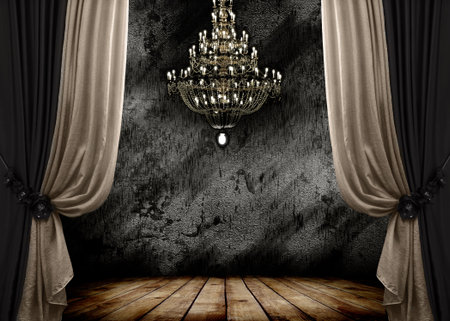 Image of grunge dark room interior with wood floor and chandelier  Background