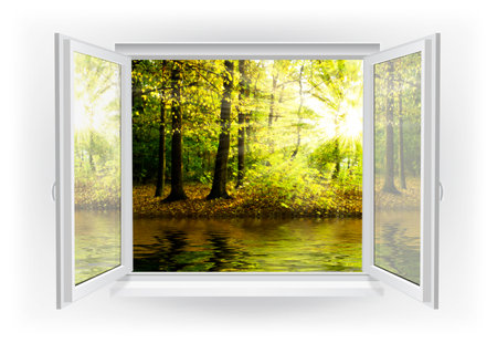 Open window with forest on a backgroundの写真素材