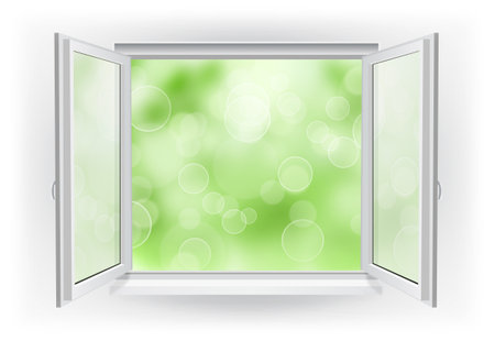 Open window with abstract bokeh sky on a backgroundの写真素材