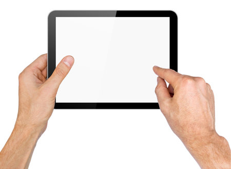 Black tablet pc in hands on white background. Portable computerの写真素材