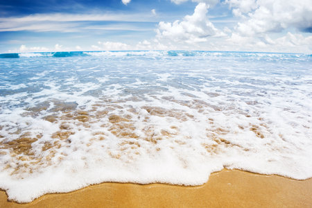 Blue seascape under clouds sky. Beauty nature backgroundの写真素材