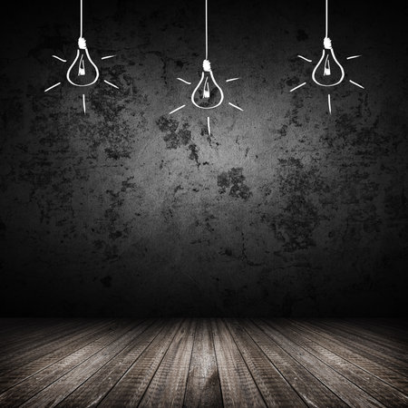 Dark room interior vintage with wall and wood floor background, and hand draw lightbulbsの写真素材