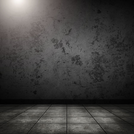 Dark room with tile floor and brick wall backgroundの写真素材