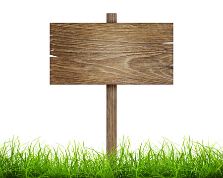 Road sign in green grass isolated on a white backgroundの写真素材