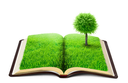 book of nature with grass and tree over white backgroundの写真素材