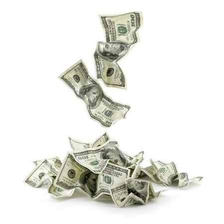 Pile of crumpled money dollar bills overs white の写真素材