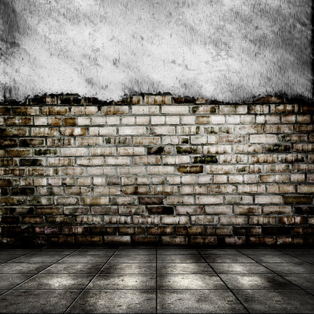 Dark room with tile floor and brick wall backgroundの写真素材