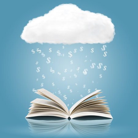 Open book with cloud and falling dollar sign over blue backgroundの写真素材