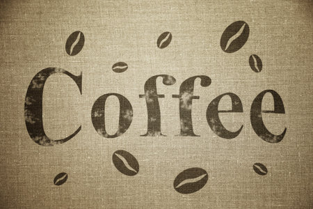 Word Coffee written on old sack backgroundの写真素材