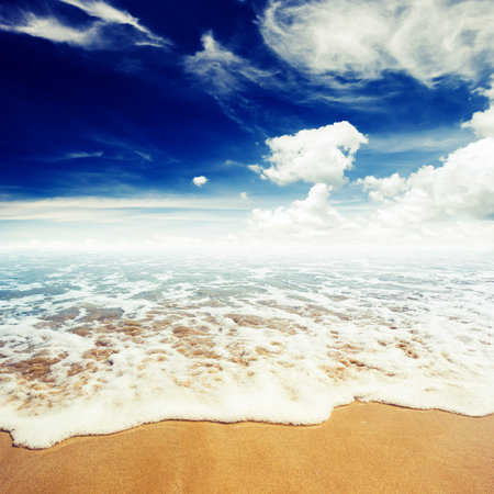 Blue seascape under clouds sky. Beauty nature backgroundの写真素材