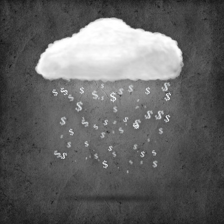 Dollar sign falling from cloud over grunge dark backgroundの写真素材