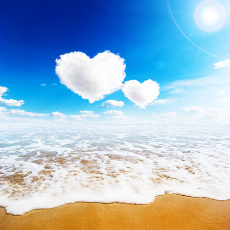 Blue sea under clouds sky with heart shape cloud. Valentine backgroundの写真素材